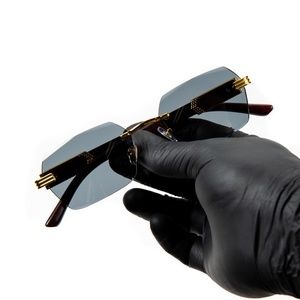 Mens Vintage Dark Gray Rimless Gold Frame Woodgrain Hip Hop Fashion Sunglasses